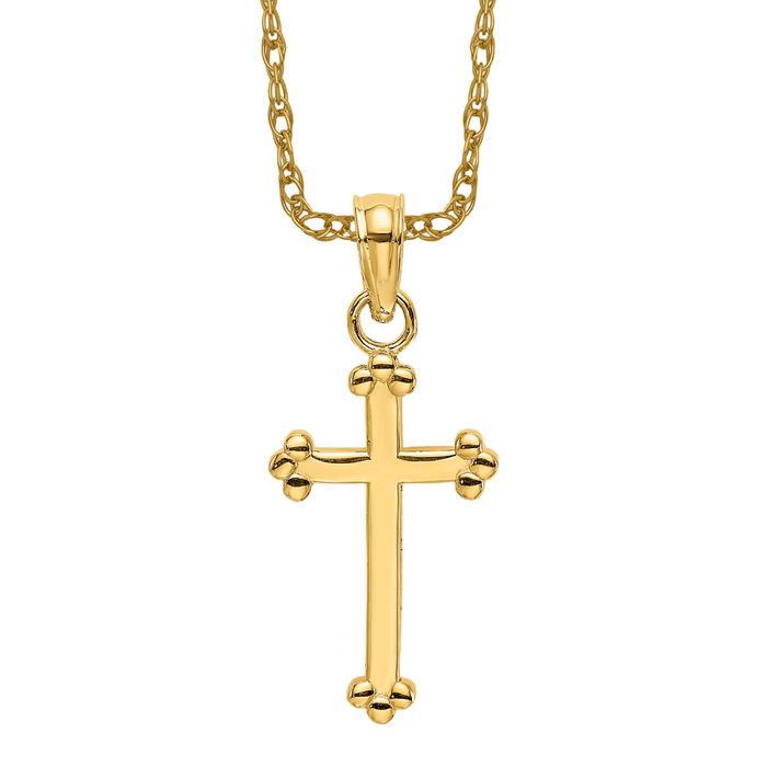 10K Solid Yellow Gold Beaded Cross Necklace