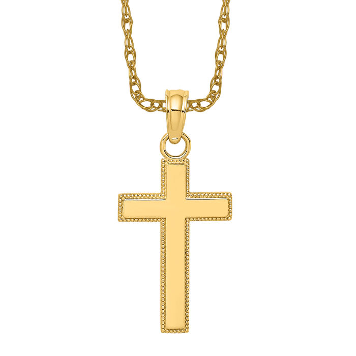 10K Solid Yellow Gold Block Beaded Edge Latin Cross Necklace