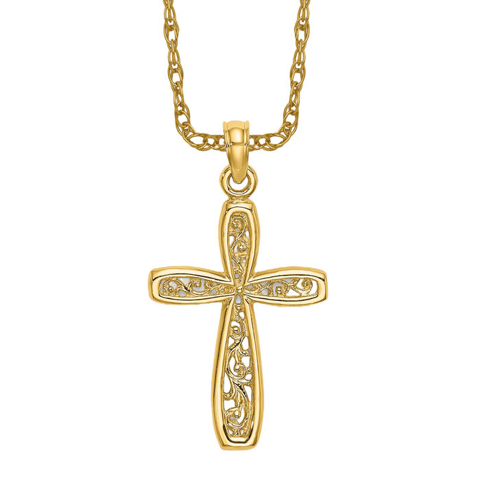 10K Solid Yellow Gold Cross Filigree Necklace - Picture 11 of 12