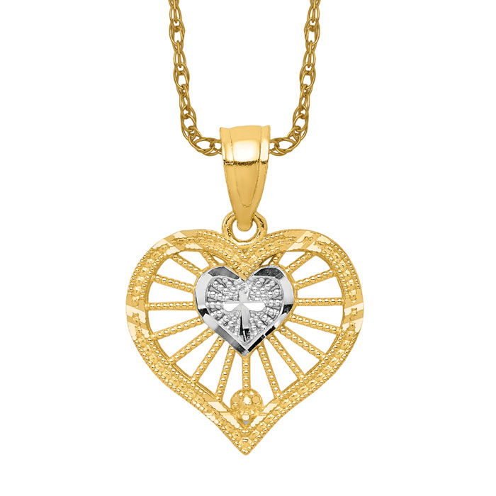 10K Solid Yellow Gold Heart Cross Necklace