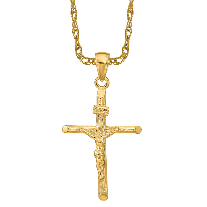 10K Solid Yellow Gold Jesus Crucifix Cross Necklace