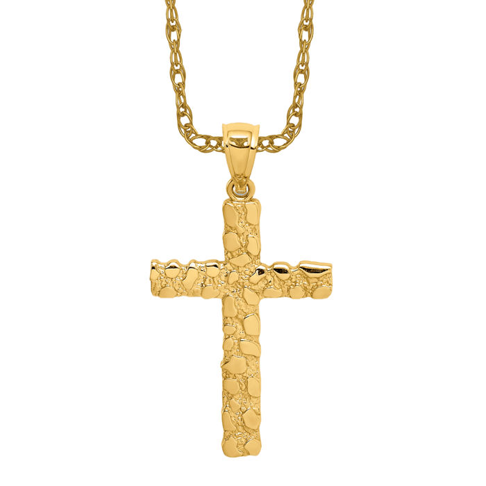 10K Solid Yellow Gold Nugget Cross Necklace - Picture 10 of 12