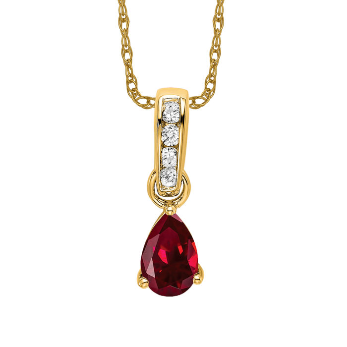 10K Solid Yellow Gold Pear Lab Ruby Diamond Necklace - Picture 9 of 12