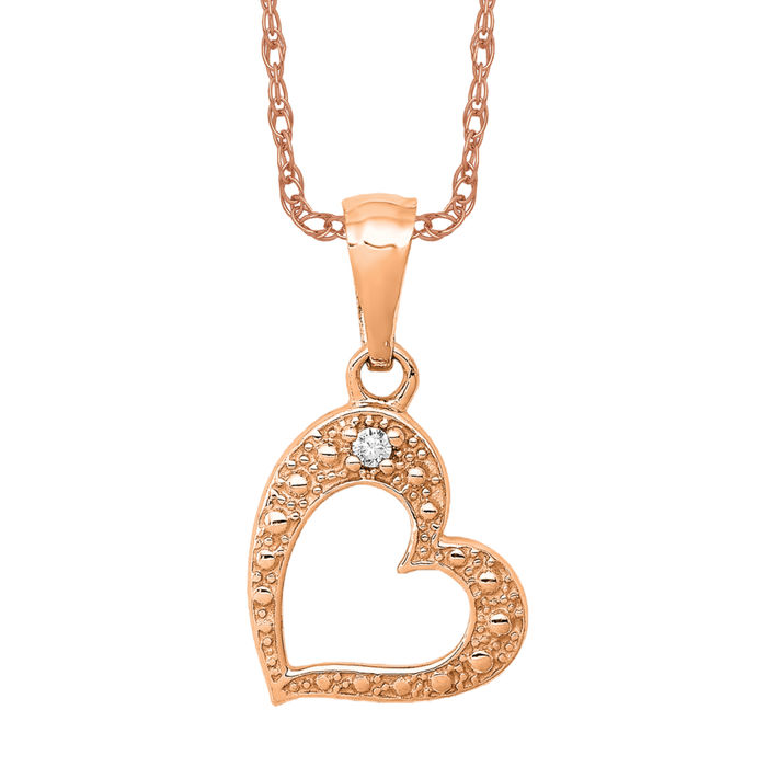 14K Solid Rose Gold Diamond Heart Necklace - Picture 11 of 12