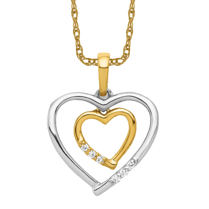 14K Solid Two Tone Gold Heart Diamond Necklace - Picture 10 of 12