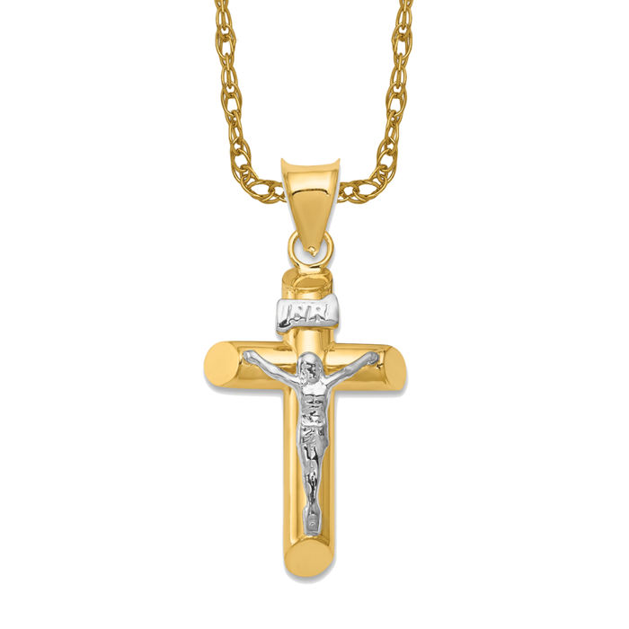 14K Solid Two Tone Gold Jesus Crucifix Cross Necklace - Picture 11 of 12