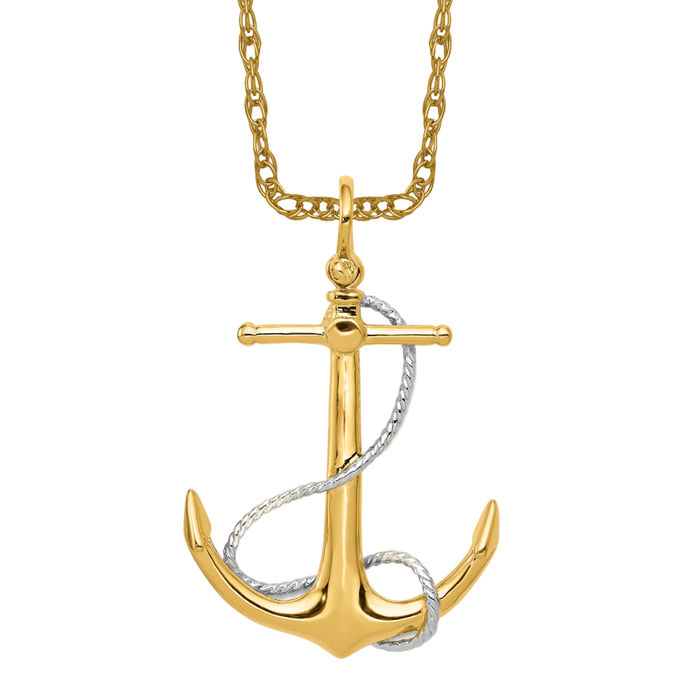 14K Solid Two Tone Gold Anchor Mariner Rope Necklace - Picture 9 of 12