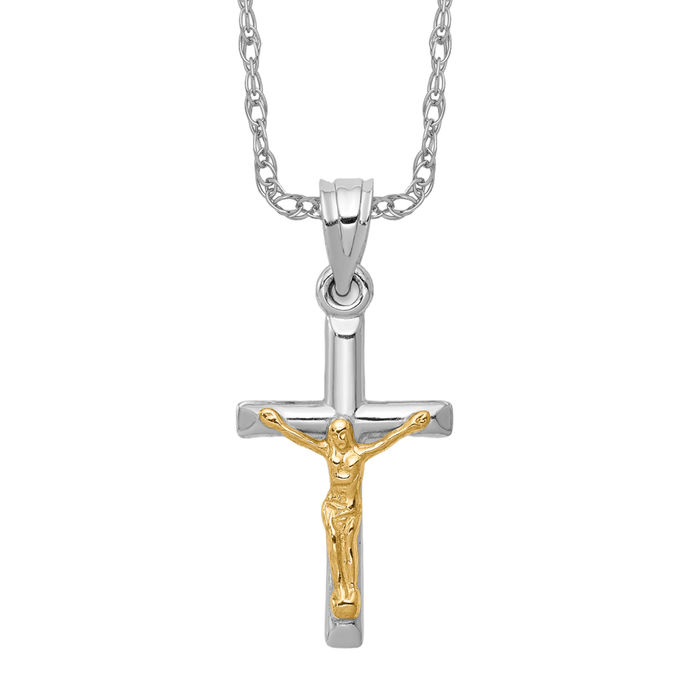 14K Solid Two Tone Gold Jesus Crucifix Cross Necklace - Picture 10 of 12