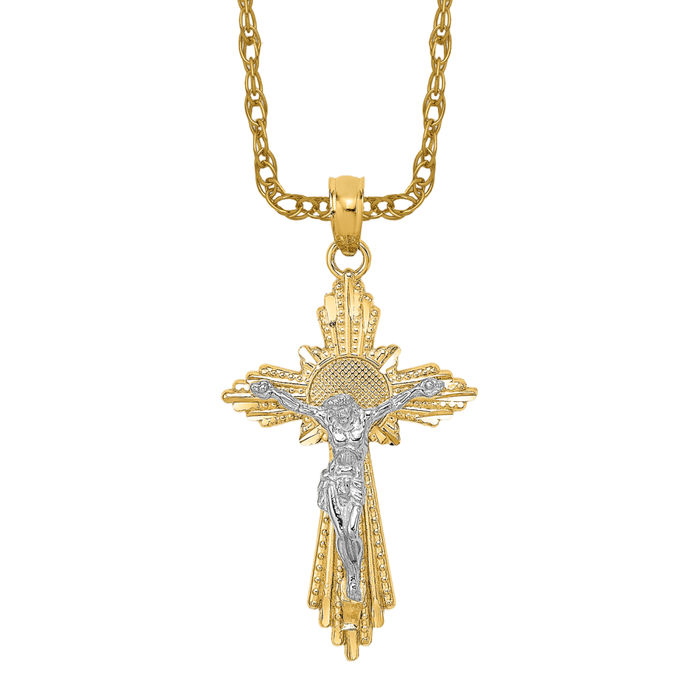 14K Solid Two Tone Gold Jesus Crucifix Cross Necklace - Picture 9 of 12
