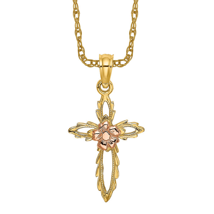 14K Solid Two Tone Gold Cross Flower Necklace