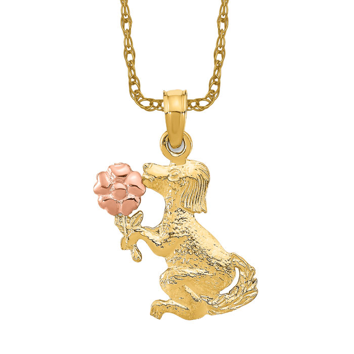 14K Solid Two Tone Gold Dog Flower Necklace - Picture 10 of 12