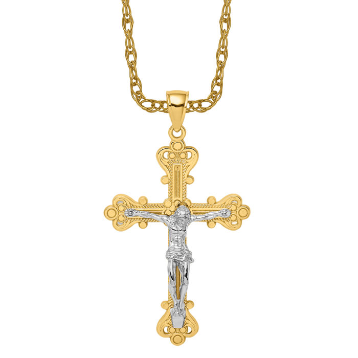 14K Solid Two Tone Gold Jesus Crucifix Cross Necklace - Picture 11 of 12