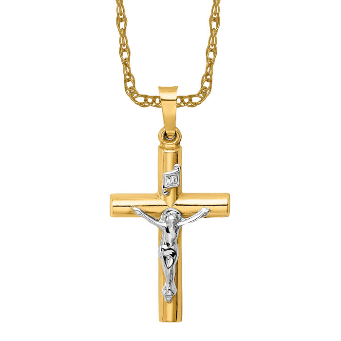 Two-Tone 14k Gold Cross Crucifix Pendant - 55mm X 30mm Handmade INRI Necklace