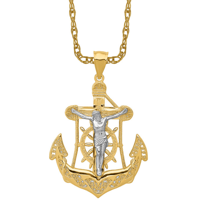 14K Solid Two Tone Gold Anchor Mariner Holy Cross Necklace Religious Chain Pendant Jesus Christ Nautical Charm