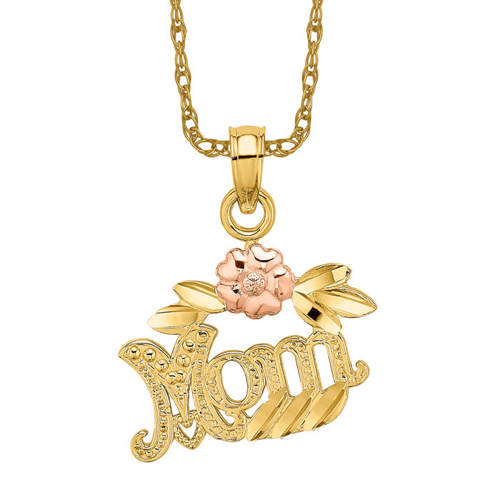 14K Solid Two Tone Gold Flower Mom Necklace