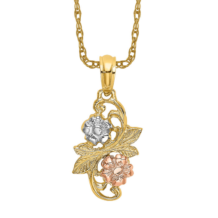 14K Solid Two Tone Gold Flower Necklace