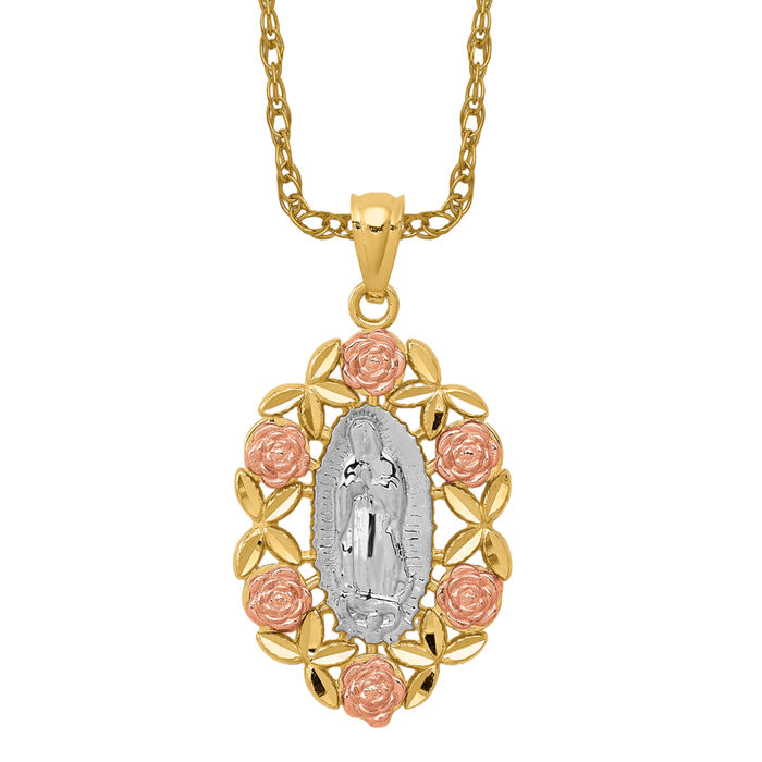 14K Solid Two Tone Gold Our Lady of Guadalupe Virgin Mary Necklace