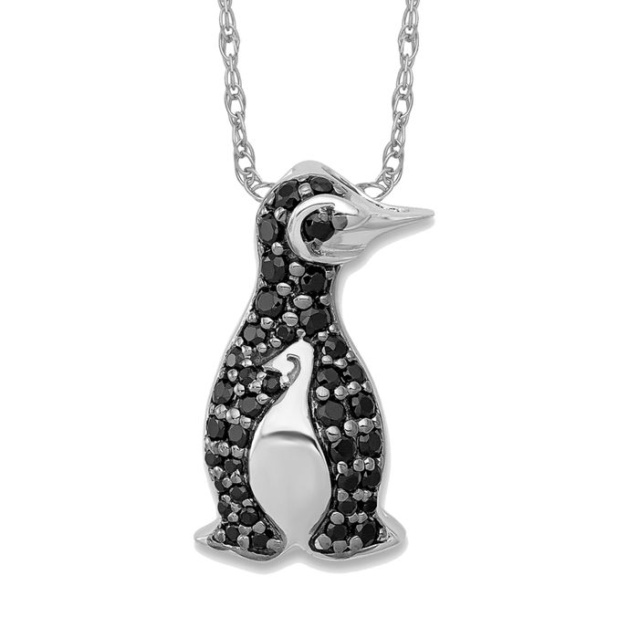 14K Solid White Gold Black Diamond Penguin Floating Chain Slide Necklace - Picture 3 of 6