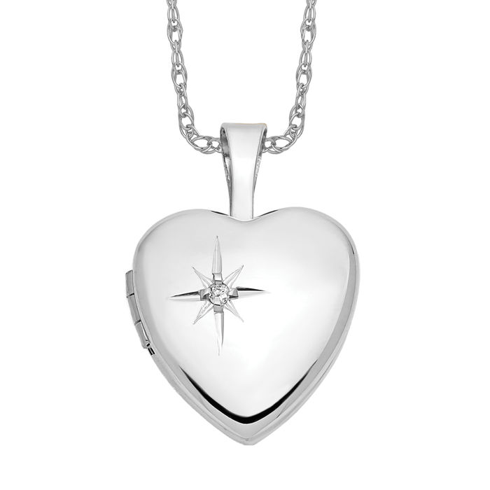 14K Solid White Gold Diamond Heart Photo Locket Necklace - Picture 14 of 24