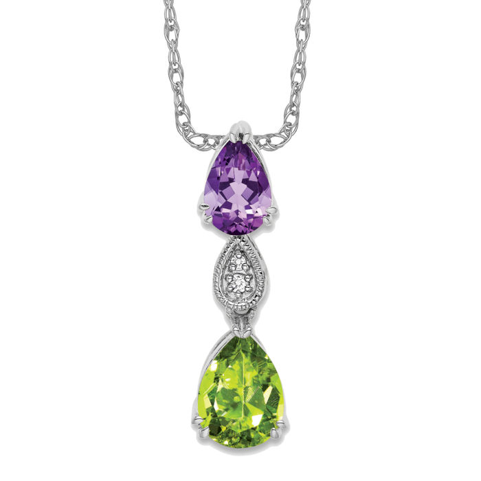 14K Solid White Gold Amethyst Peridot Diamond Floating Chain Slide Necklace - Picture 10 of 12