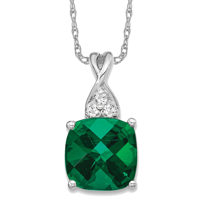 14K Solid White Gold Lab Emerald Diamond Necklace - Picture 9 of 12