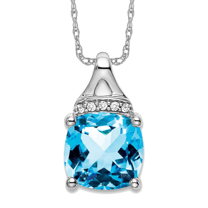 14K Solid White Gold Cushion-cut Swiss Blue Topaz Diamond Necklace - Picture 3 of 4