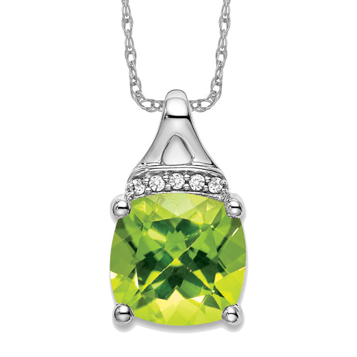 14K Solid White Gold Cushion-cut Peridot Diamond Necklace - Picture 3 of 4