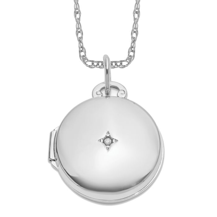 14K Solid White Gold Diamond Round Photo Locket Necklace - Picture 3 of 4