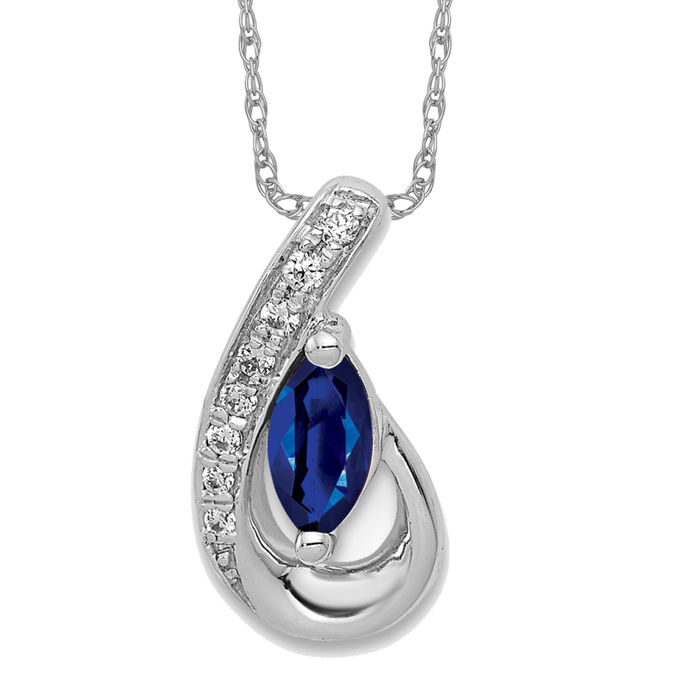 14K Solid White Gold Diamond Blue Sapphire Teardrop Slide Necklace - Picture 3 of 4