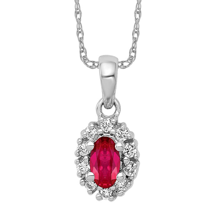14K Solid White Gold Diamond Oval Ruby Halo Necklace - Picture 11 of 12