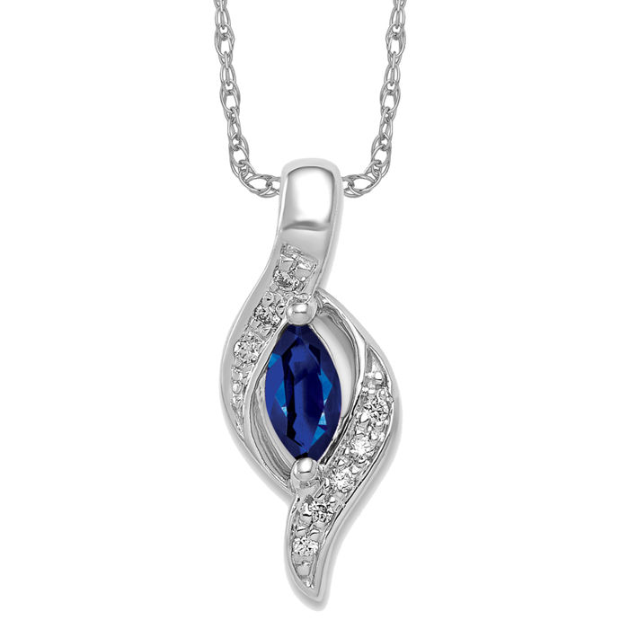 14K Solid White Gold Diamond Marquise Blue Sapphire Necklace - Picture 11 of 12
