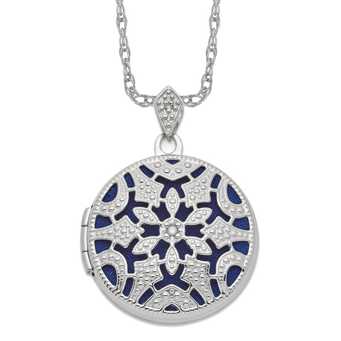 14K Solid White Gold Filigree Diamond Round Photo Locket Necklace - Picture 14 of 24