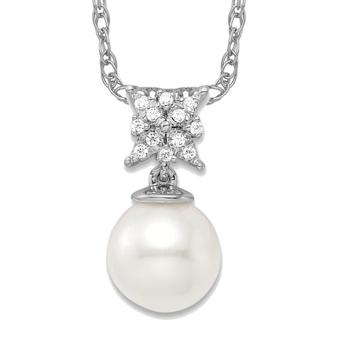 14K Solid White Gold Freshwater Cultured Pearl Diamond Floating Chain Slide ... - Picture 3 of 4