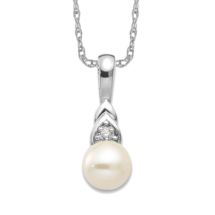 14K Solid White Gold Freshwater Cultured Pearl Diamond Necklace - Picture 11 of 12