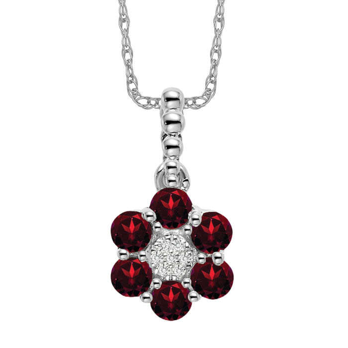 14K Solid White Gold Garnet Diamond Flower Necklace - Picture 9 of 12