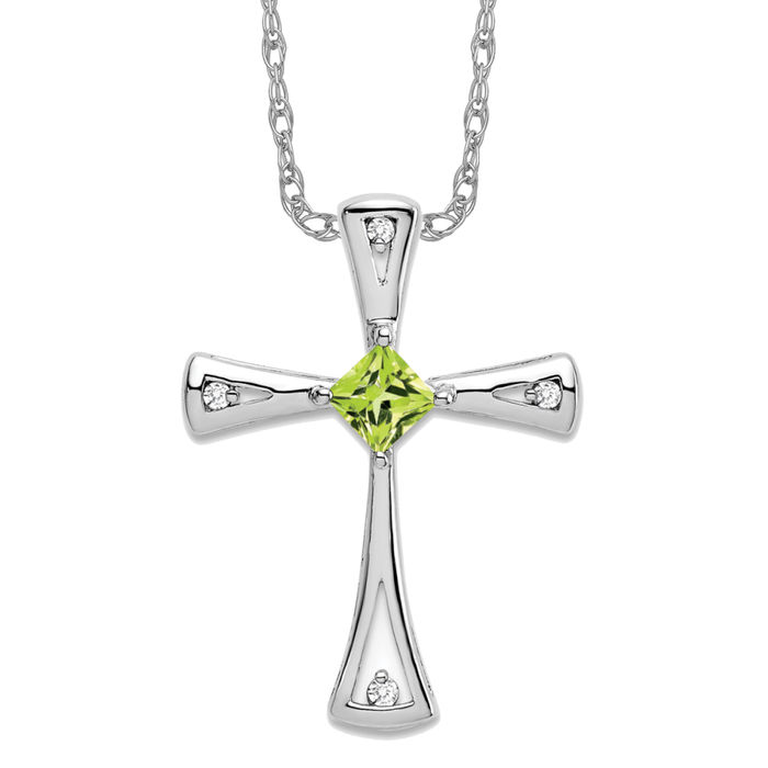 14K Solid White Gold Peridot Diamond Cross Floating Chain Slide Pendant Necklace - Picture 3 of 4