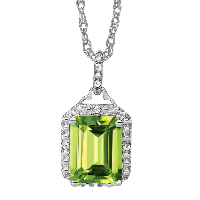 14K Solid White Gold Emerald-cut Peridot Diamond Halo Necklace - Picture 11 of 12