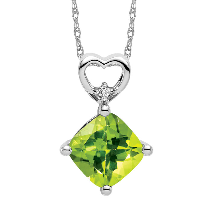 14K Solid White Gold Peridot Diamond Heart Floating Chain Slide Necklace - Picture 9 of 12