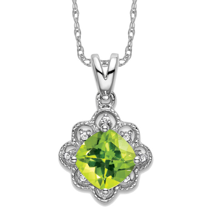 14K Solid White Gold Peridot Diamond Necklace - Picture 11 of 12