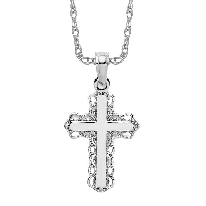 14K Solid White Gold Cross Necklace