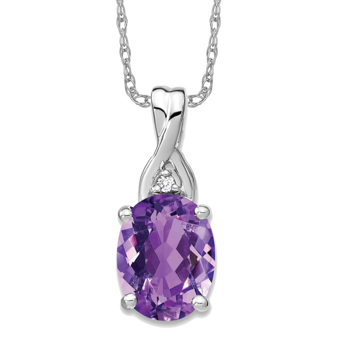 14K Solid White Gold Oval Amethyst Diamond Necklace - Picture 11 of 12