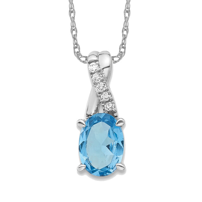 14K Solid White Gold Oval Swiss Blue Topaz Diamond Necklace - Picture 11 of 12