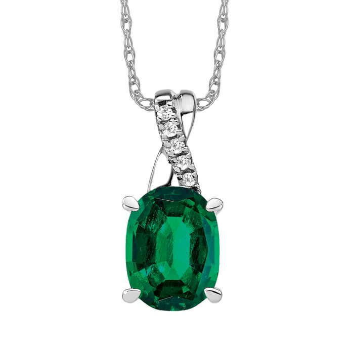 14K Solid White Gold Oval Lab Emerald Diamond Necklace - Picture 11 of 12