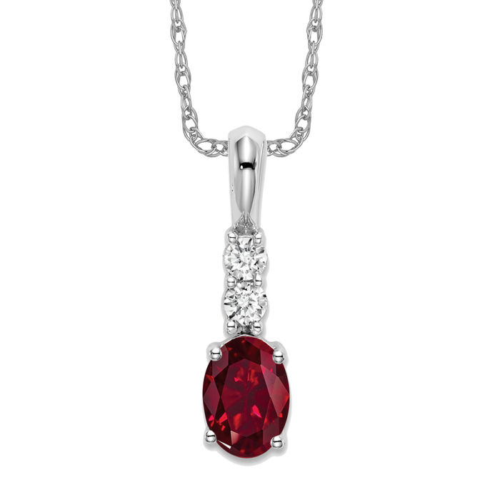 14K Solid White Gold Oval Lab Ruby Diamond Necklace - Picture 10 of 12