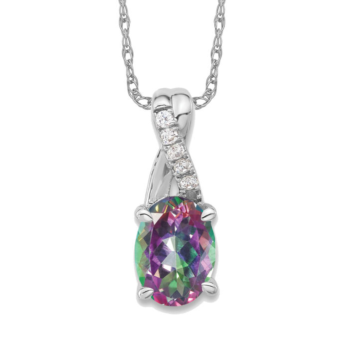 14K Solid White Gold Oval Mystic Fire Topaz Diamond Necklace - Picture 11 of 12