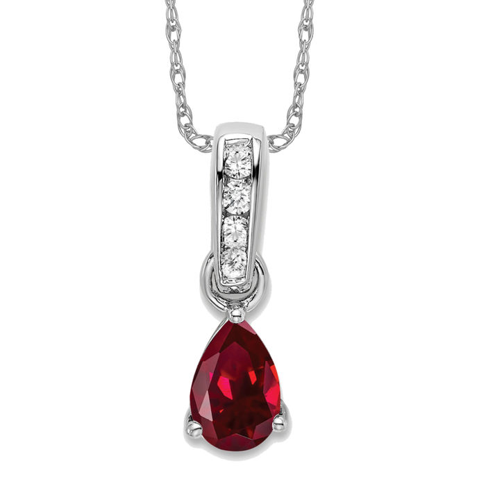 14K Solid White Gold Pear Lab Ruby Diamond Necklace - Picture 9 of 12