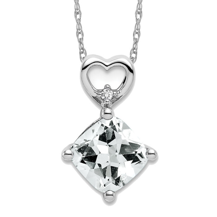 14K Solid White Gold Topaz Diamond Heart Floating Chain Slide Necklace - Picture 3 of 6