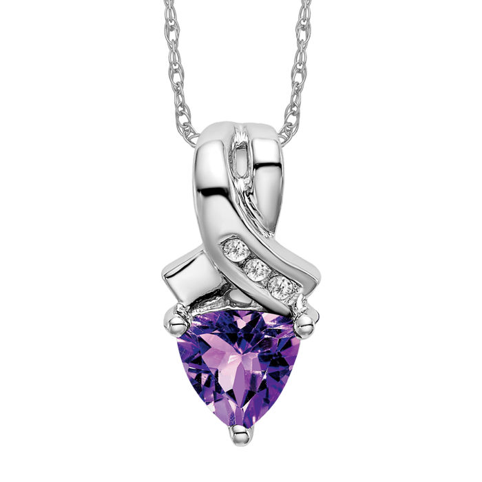 14K Solid White Gold Trillion Amethyst Diamond Necklace - Picture 11 of 12
