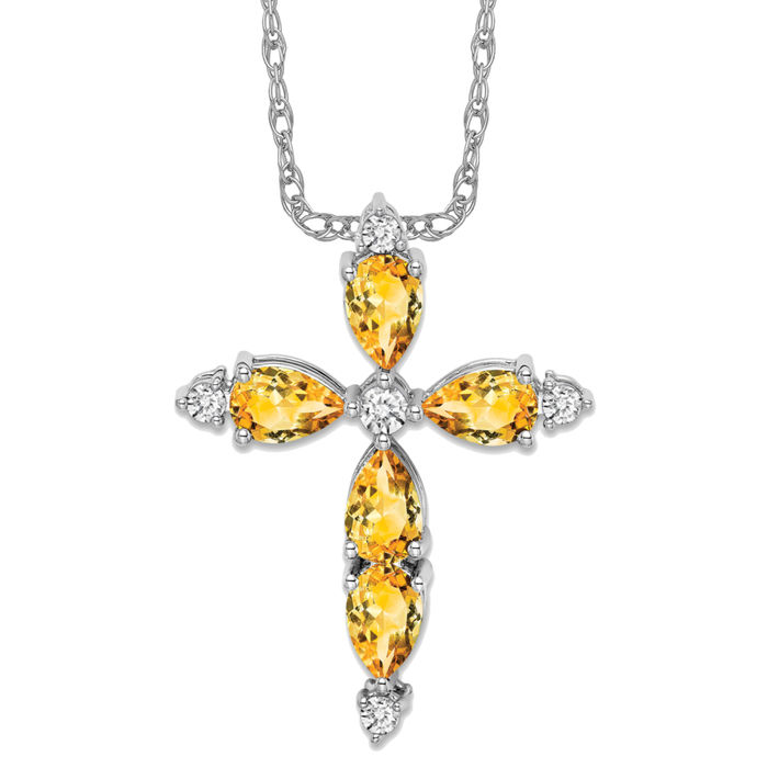 14K Solid White Gold Citrine Diamond Cross Floating Chain Slide Pendant Necklace - Picture 10 of 12