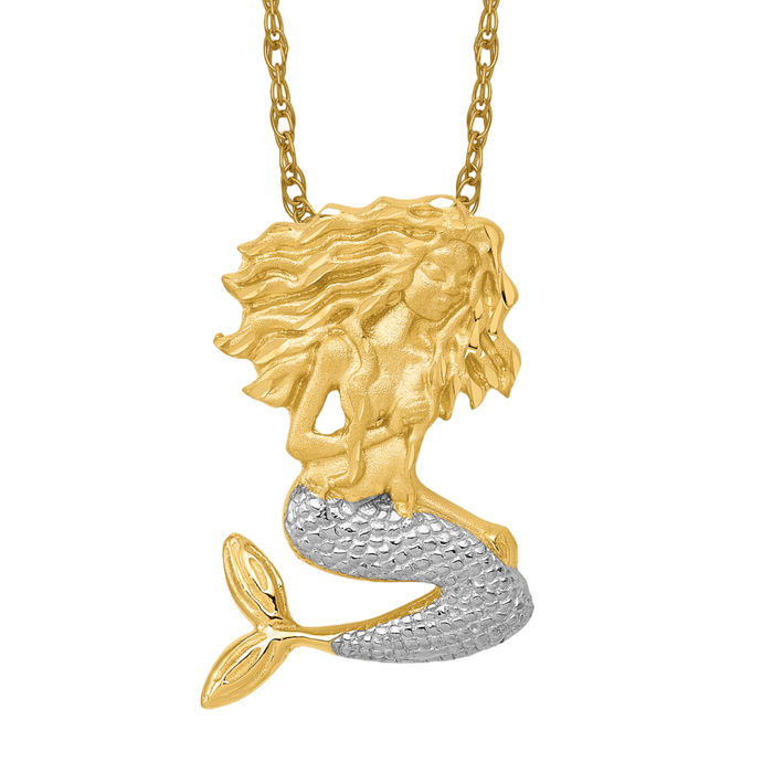 14K Solid Two Tone Gold Mermaid Floating Chain Slide Necklace